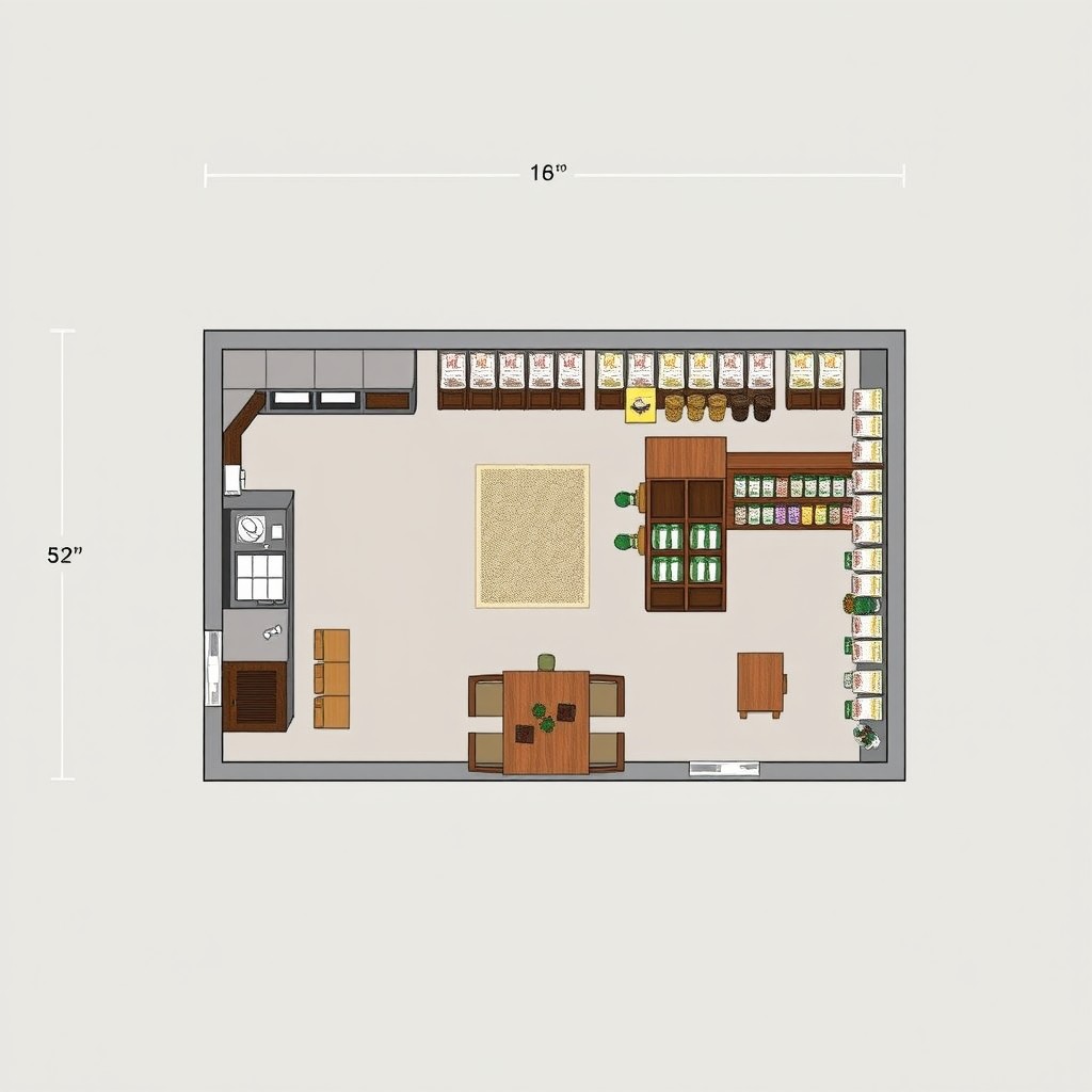 A detailed floor plan of a small rice store, showcasing an efficient layout