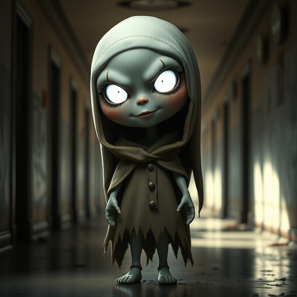 A stylized ghost girl with an oversized head and tiny limbs, featuring glowing white eyes
