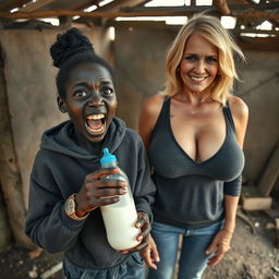 In an abandoned, rundown shack, a dramatic scene features a 19-year-old malnourished African woman with very dark skin