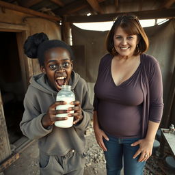 In an abandoned, rundown shack, an intense scene portrays a malnourished 19-year-old African woman with very dark skin