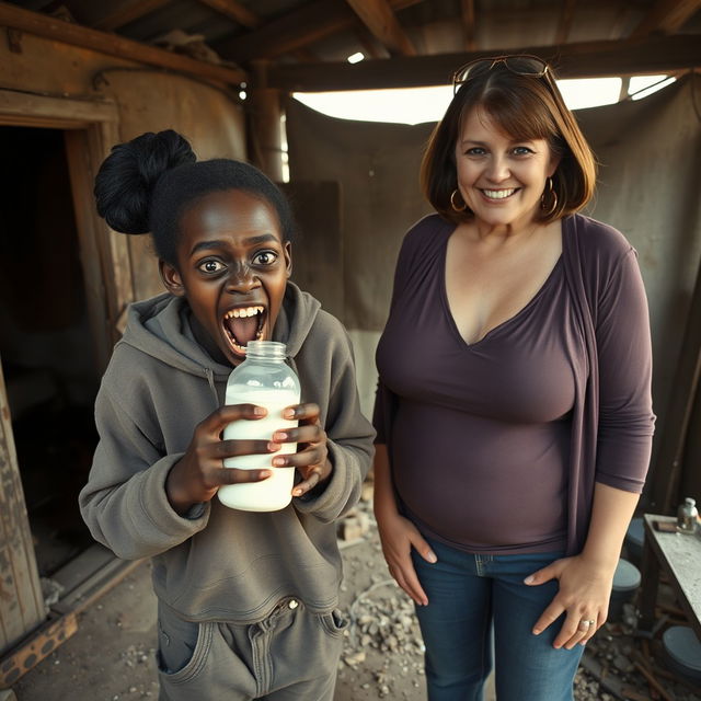 In an abandoned, rundown shack, an intense scene portrays a malnourished 19-year-old African woman with very dark skin