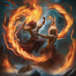 An intense depiction of an epic battle among elemental forces. The earth figure relentlessly pummels, fire dances with unforgiving agility, water protects and retaliates with grace, and air skillfully diverts and attacks, in a harmonious, visually striking chaos.