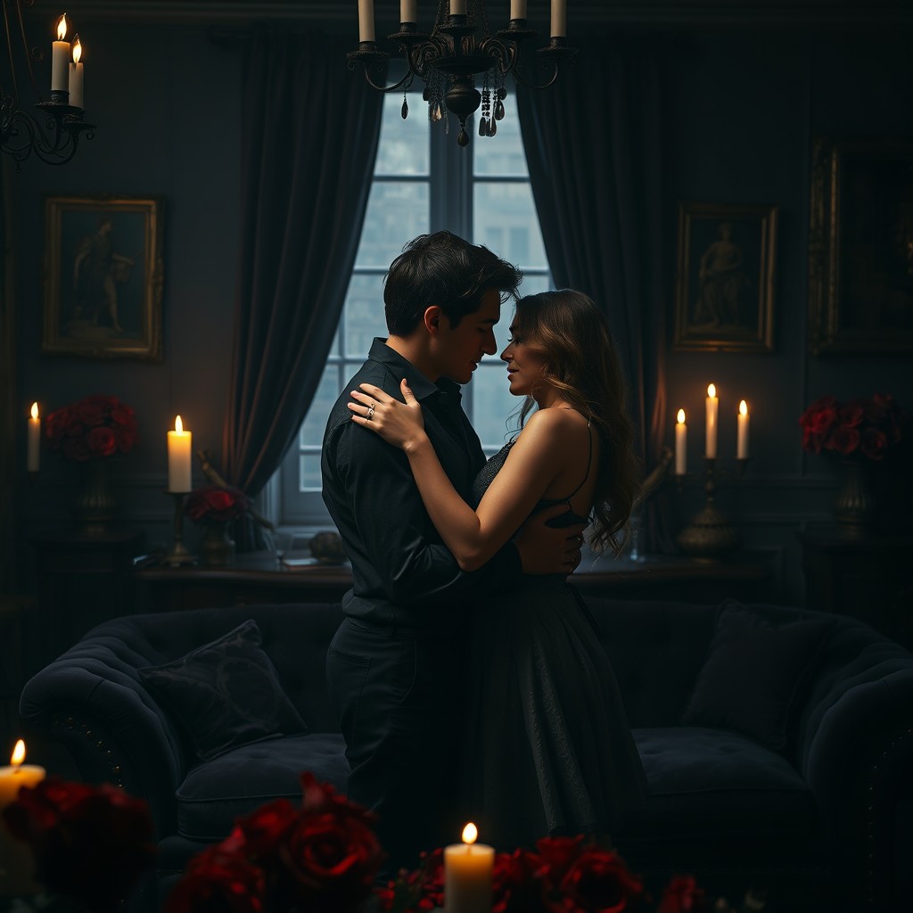 A passionate and dark romantic scene set in a moody, candlelit room filled with shadows