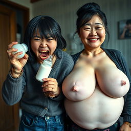 In a Chinese house, a frantic 19-year-old malnourished Chinese woman holds a baby bottle filled with milk, her yellowed and decayed teeth visible as she screams wildly with her mouth open