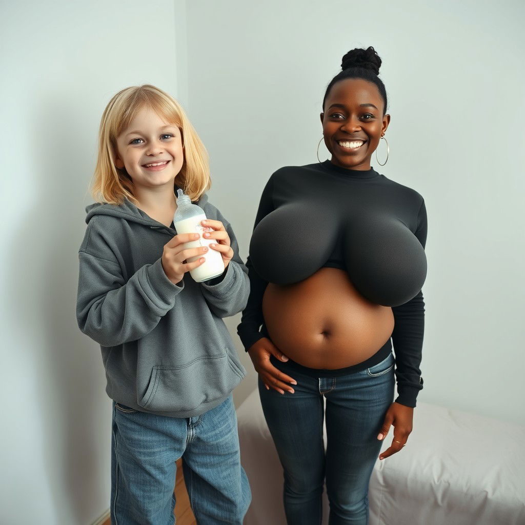 In a simple room, a whimsical scene features a smiling 24-year-old malnourished woman with medium-length blonde hair and bright blue eyes, joyfully holding a baby bottle filled with milk