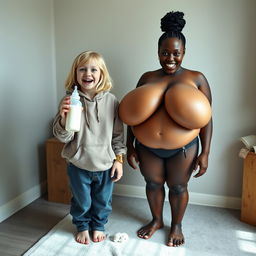 In a basic room, a lively and joyful scene portrays a 24-year-old malnourished woman with medium-length blonde hair and bright blue eyes, cheerfully holding a baby bottle filled with milk