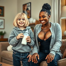 In a cozy living room, a cheerful scene showcases a 24-year-old malnourished woman with medium-length blonde hair and bright blue eyes, joyfully holding a baby bottle filled with milk