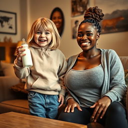 In a cozy living room, a cheerful scene showcases a 24-year-old malnourished woman with medium-length blonde hair and bright blue eyes, joyfully holding a baby bottle filled with milk