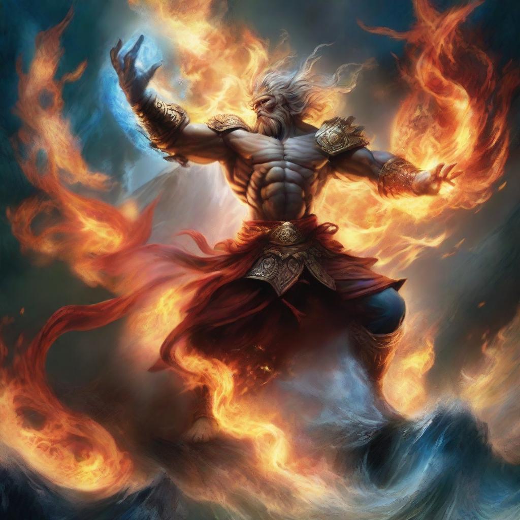 An intense depiction of an epic battle among elemental forces. The earth figure relentlessly pummels, fire dances with unforgiving agility, water protects and retaliates with grace, and air skillfully diverts and attacks, in a harmonious, visually striking chaos.