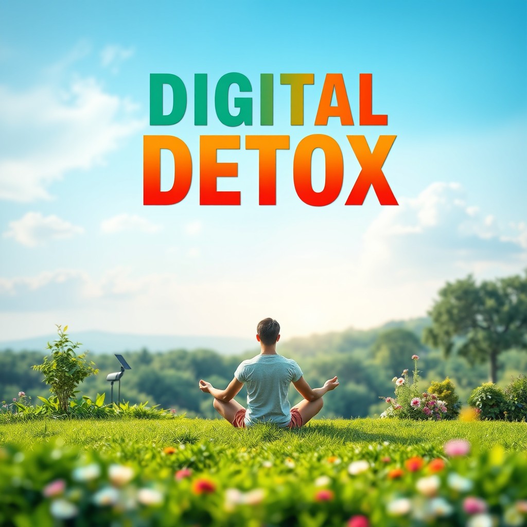 An eye-catching ebook cover for a digital detox theme, featuring a serene landscape that contrasts technology and nature