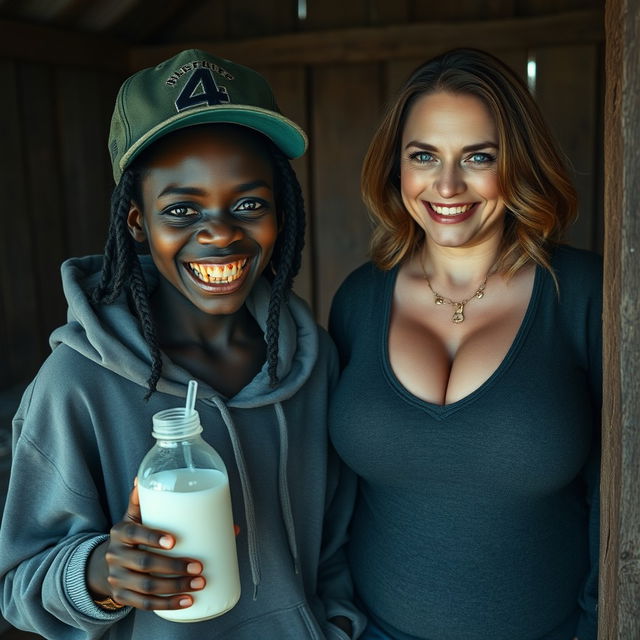 In a rundown shack, a sinister and malnourished 19-year-old African woman with very dark skin holds a milk bottle
