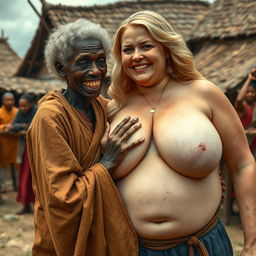 In a medieval village, a 22-year-old African woman, appearing malnourished with decayed teeth and curly white hair, is wearing a long, fully closed Buddhist robe