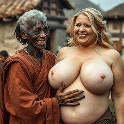 In a medieval village, a 22-year-old African woman, appearing malnourished with decayed teeth and curly white hair, is wearing a long, fully closed Buddhist robe