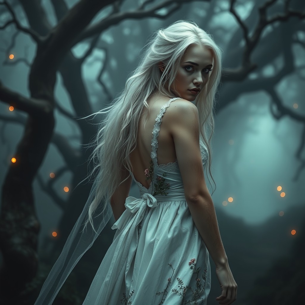 A dark romantic scene featuring a runaway bride with long, flowing white hair, her wedding dress tattered and dirt-streaked, standing in a misty, enchanted forest