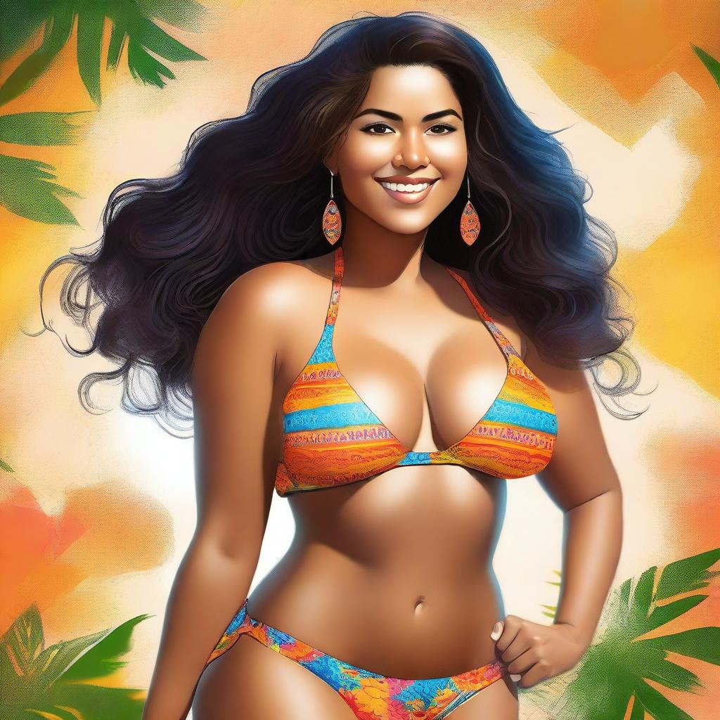 This high-quality digital art portrays a confident Latina girl with thick thighs, donning a vibrant bikini