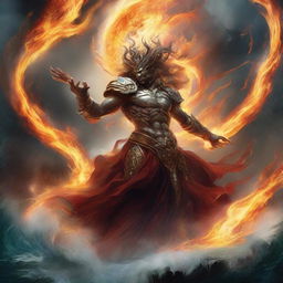 An intense depiction of an epic battle among elemental forces. The earth figure relentlessly pummels, fire dances with unforgiving agility, water protects and retaliates with grace, and air skillfully diverts and attacks, in a harmonious, visually striking chaos.