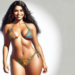 This high-quality digital art portrays a confident Latina girl with thick thighs, donning a vibrant bikini