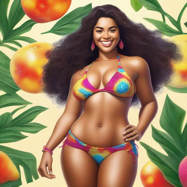 This high-quality digital art portrays a confident Latina girl with thick thighs, donning a vibrant bikini