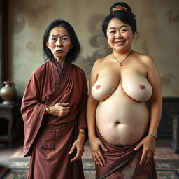 In a room reflecting the Ming Dynasty, a very petite and emaciated 20-year-old Chinese woman is portrayed wearing a long, fully closed Buddhist robe