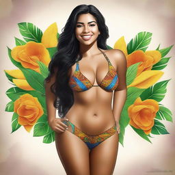 This high-quality digital art portrays a confident Latina girl with thick thighs, donning a vibrant bikini