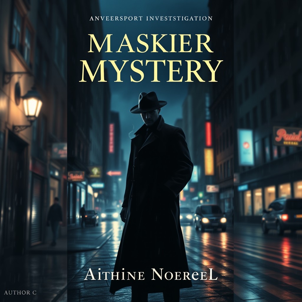 A striking book cover design for a mystery novel featuring a cityscape at dusk