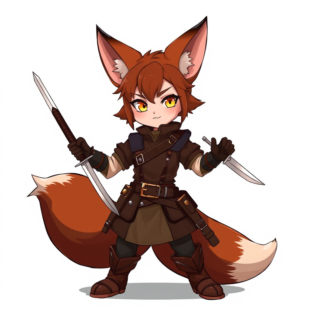 A semi-anime, semi-realistic female foxling rogue standing confidently at 4'8", weighing 96 lbs