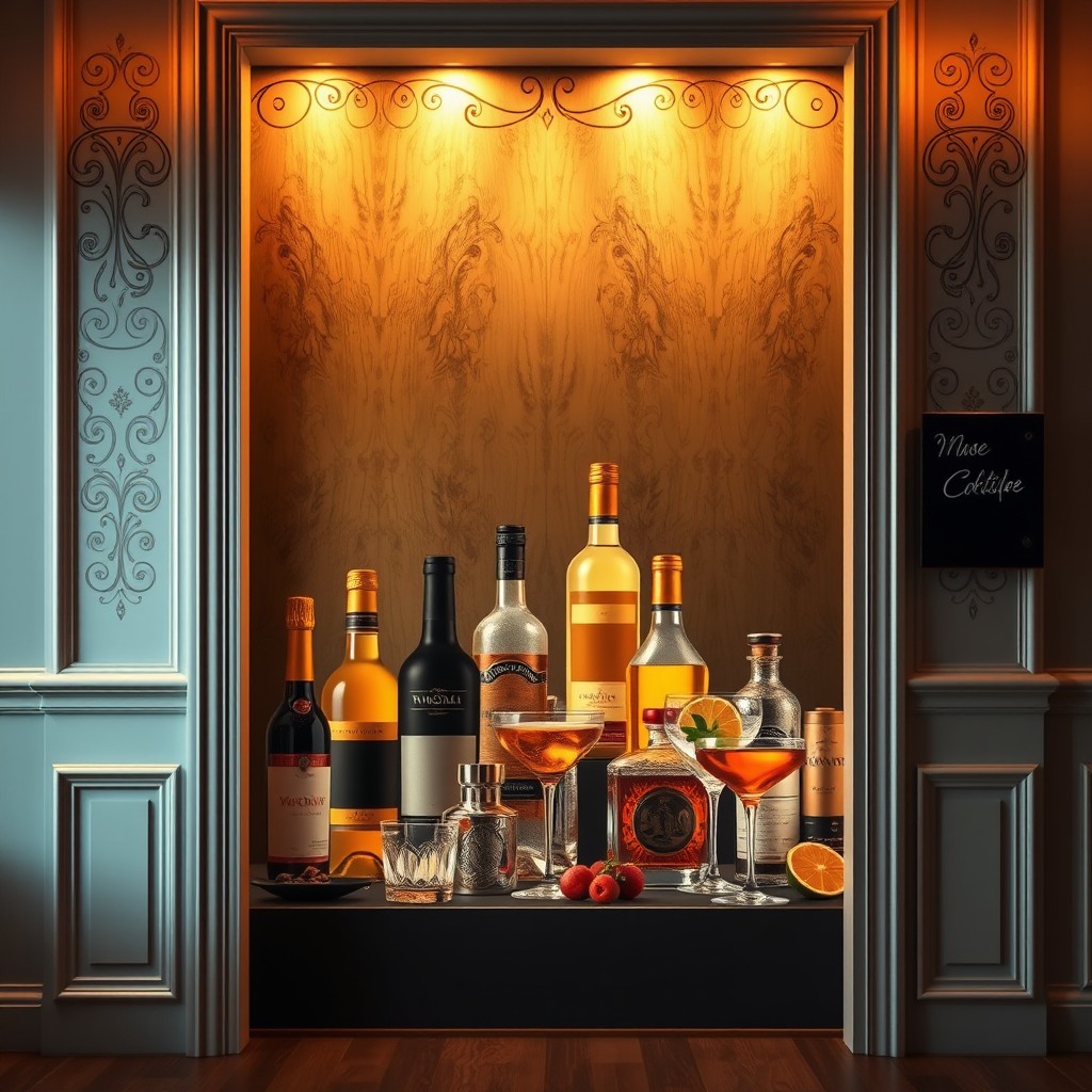 An elegantly designed backdrop for a doorway featuring a stylish display of various alcoholic beverages