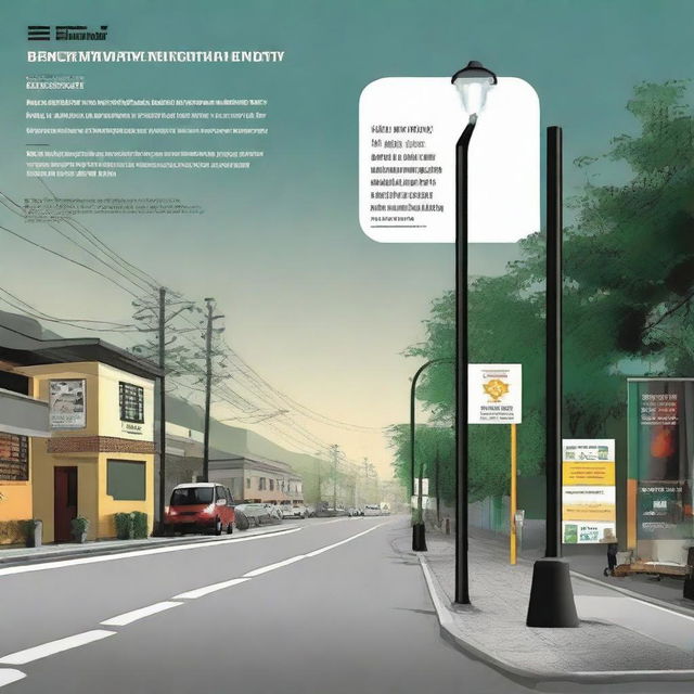 Design a visually engaging poster highlighting the issue of poorly lit roads in a barangay, positioning the installation of streetlights as the solution to increase safety and improve resident mobility. Include awareness text and visual cues of well-lit and darkened areas for comparison.