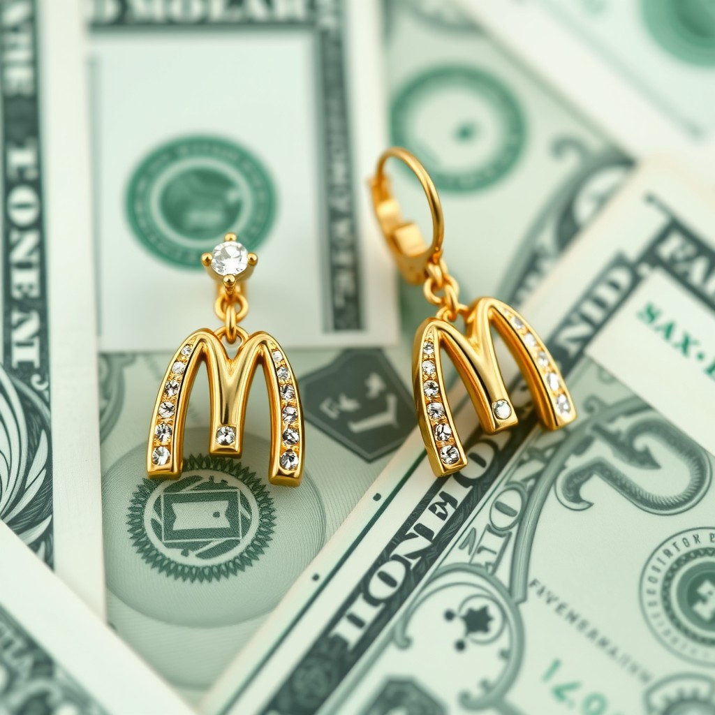 A pair of elegant gold and diamond earrings featuring a McDonald's design, set against a vibrant backdrop of dollar bills
