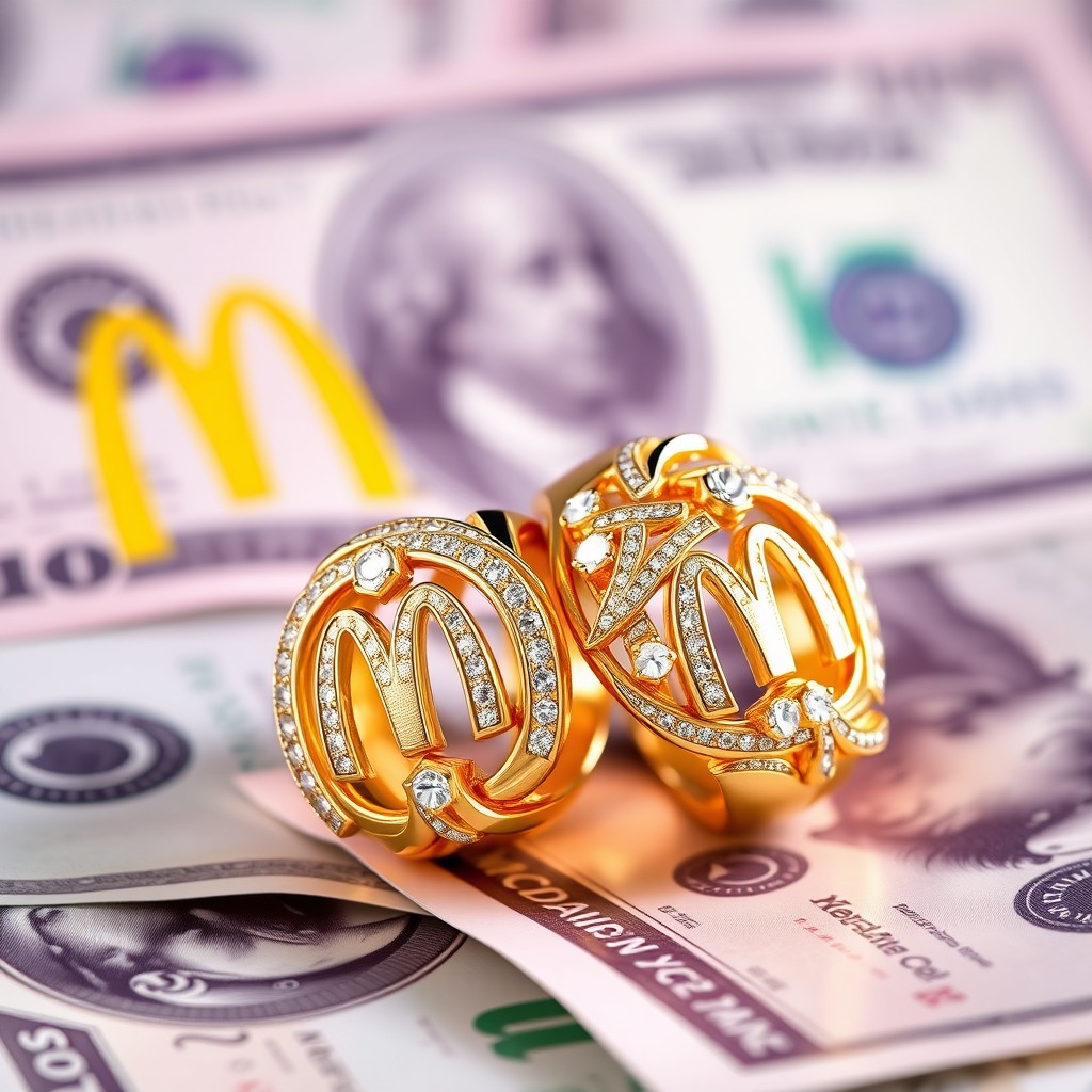 A pair of exquisite gold and diamond rings adorned with the McDonald's logo, elegantly displayed against a vibrant backdrop of dollar bills, capturing the essence of luxury and fast food