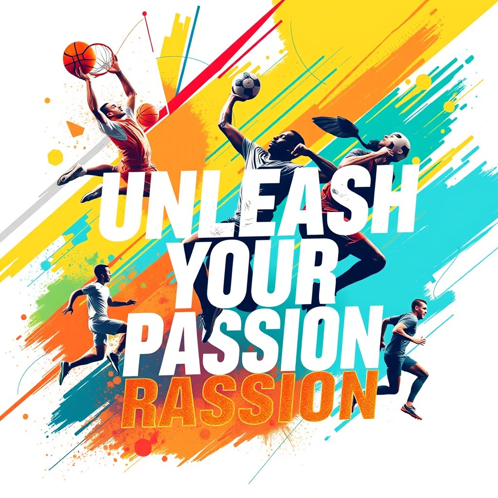 A dynamic sports poster showcasing various athletes in action poses, capturing the intensity and passion of sports