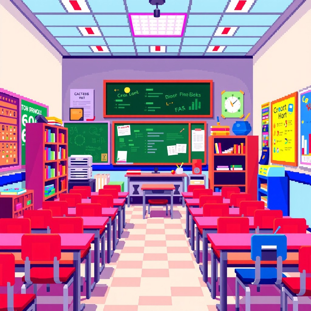 A pixelated school background, showcasing a lively and colorful classroom filled with desks, chairs, and educational posters on the walls