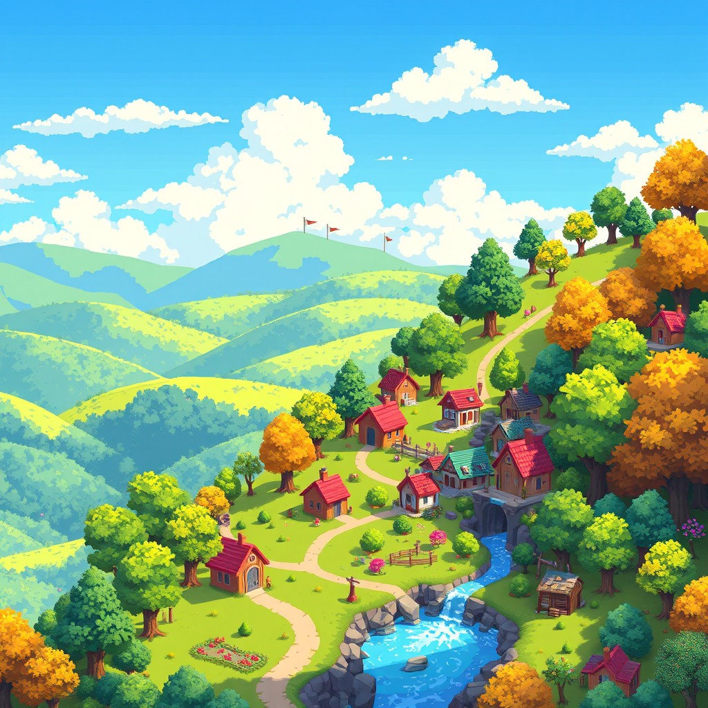 A vibrant pixelated game background, depicting a fantasy landscape filled with lush pixelated trees, rolling hills, and a bright blue sky