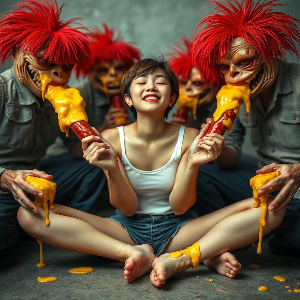 A hot Korean girl with short hair, aged 18, sits criss-cross on the ground, smiling with her eyes closed