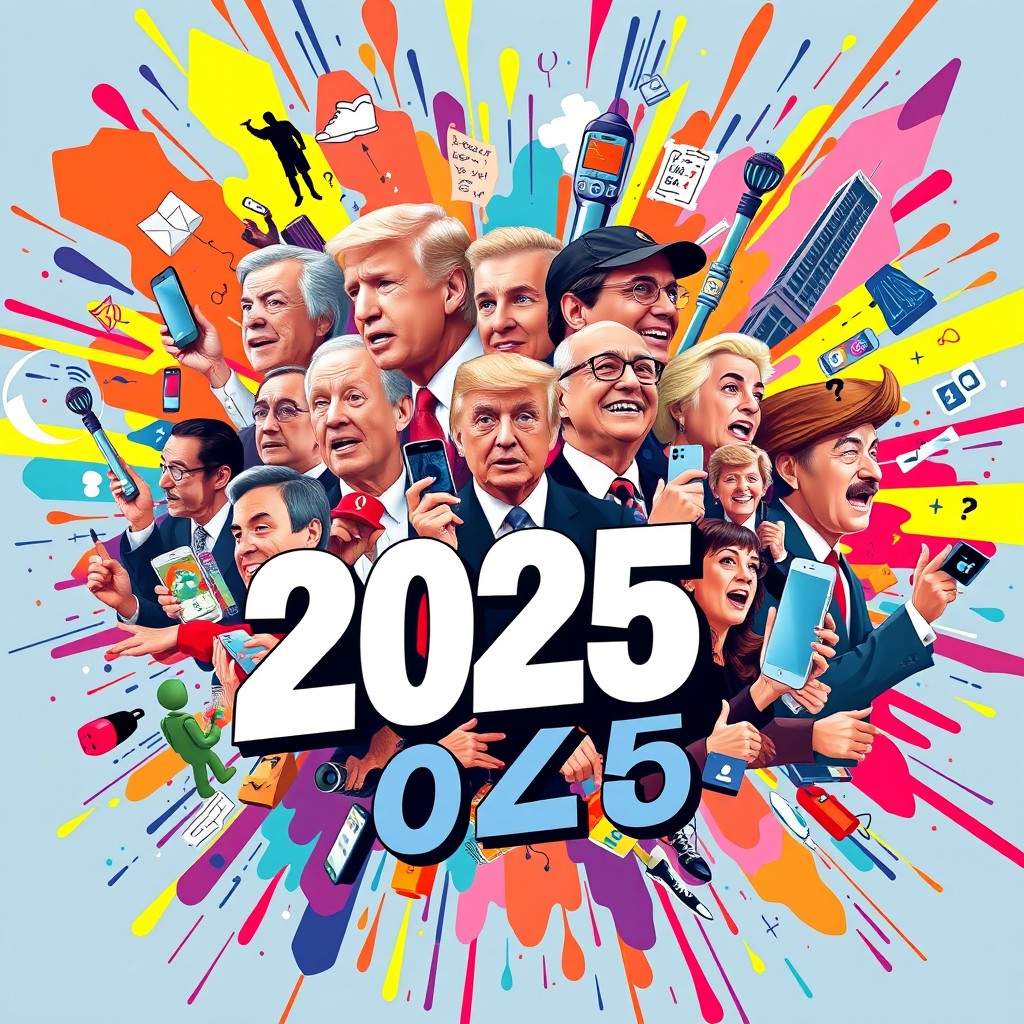 A visually striking card design for the year 2025 featuring a chaotic collage of prominent politicians, social media influencers, and CEOs