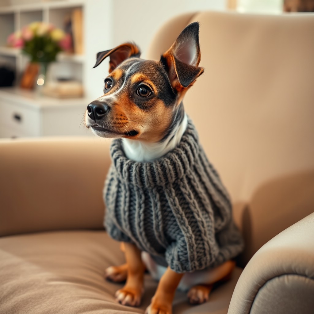 A cute dog sitting on a chair, wearing a knitted sweater, looking eagerly as if waiting for someone to come and pick it up