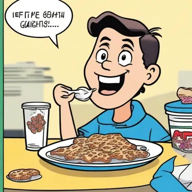In the comic strip, the character eagerly devours a piece of brittle and gets a sugar rush.