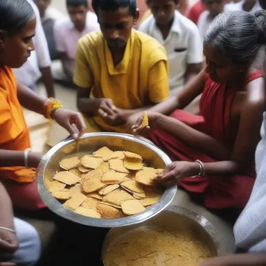 During the religious festival, small packets of brittle are distributed amongst the devotees as prasadam.