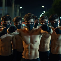 Un grupo de jóvenes hombres sin camiseta, mostrando sus atléticas figuras, están en una postura preparada y cautelosa