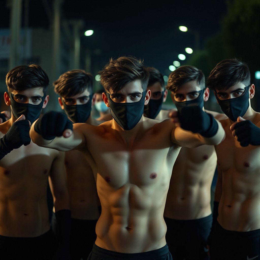 Un grupo de jóvenes hombres sin camiseta, mostrando sus atléticas figuras, están en una postura preparada y cautelosa