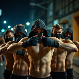 Un grupo de jóvenes hombres sin camiseta, mostrando sus atléticas figuras, están en una postura preparada y cautelosa