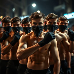 Un grupo de jóvenes hombres sin camiseta, mostrando sus atléticas figuras, están en una postura preparada y cautelosa