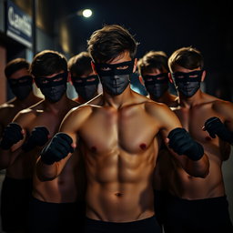 Un grupo de jóvenes hombres sin camiseta, mostrando sus atléticas figuras, están en una postura preparada y cautelosa