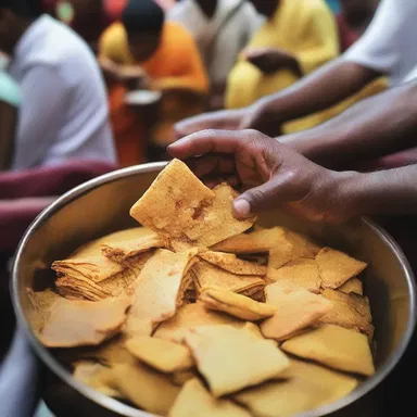 During the religious festival, small packets of brittle are distributed amongst the devotees as prasadam.