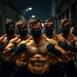 Un grupo de hombres musculosos sin camiseta, mostrando sus cuerpos tonificados, están en una postura dinámica y decidida