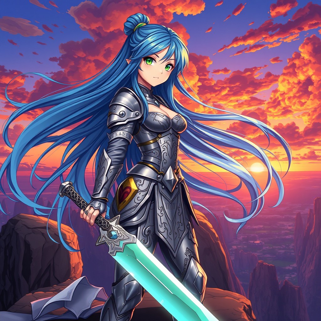Anime character design featuring a female warrior with long flowing blue hair and bright green eyes