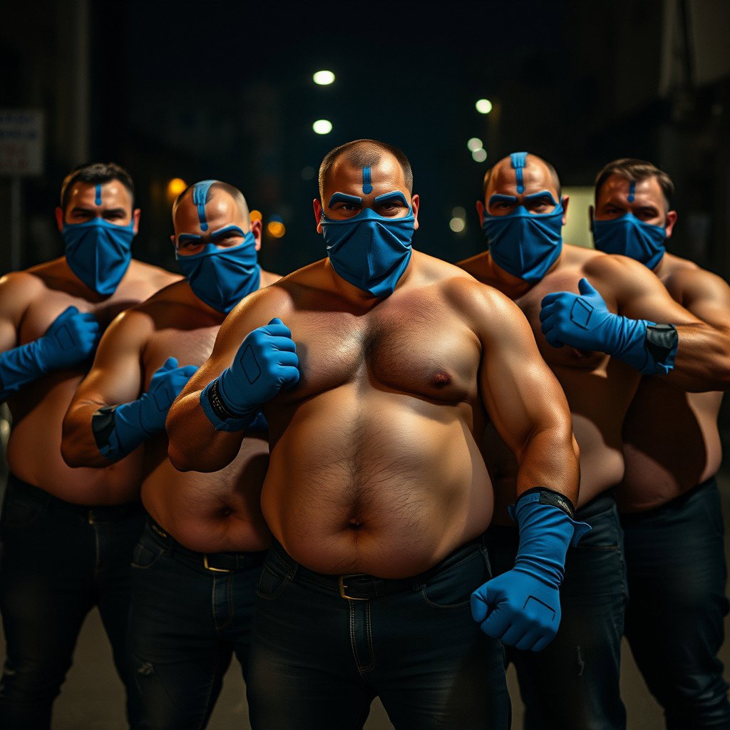 Un grupo de hombres robustos y corpulentos, todos sin camiseta, mostrando su fuerte físico, están en una postura de confianza