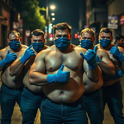 Un grupo de hombres robustos y corpulentos, todos sin camiseta, mostrando su fuerte físico, están en una postura de confianza