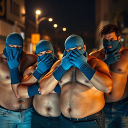 Un grupo de hombres robustos y corpulentos, todos sin camiseta, mostrando su fuerte físico, están en una postura de confianza