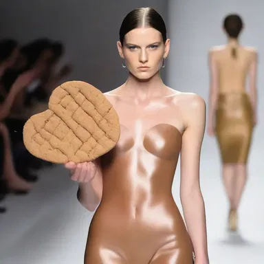 The runway model walked confidently while holding a piece of brittle, showcasing the latest trend in edible accessories.
